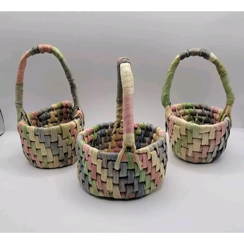 Lot Of 3 Department 56 Pastel Raffia Woven Miniature Spring Easter Baskets Decor